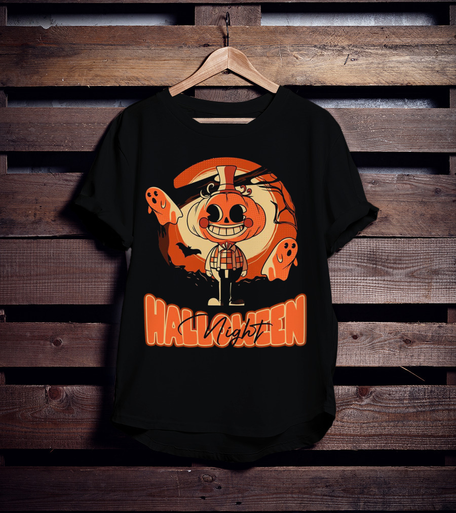 Halloween Night Pumpkin Head Boy With Ghosts And Bats T-Shirt