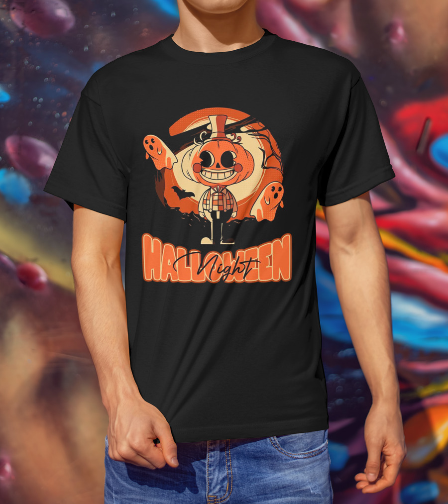 Halloween Night Pumpkin Head Boy With Ghosts And Bats T-Shirt