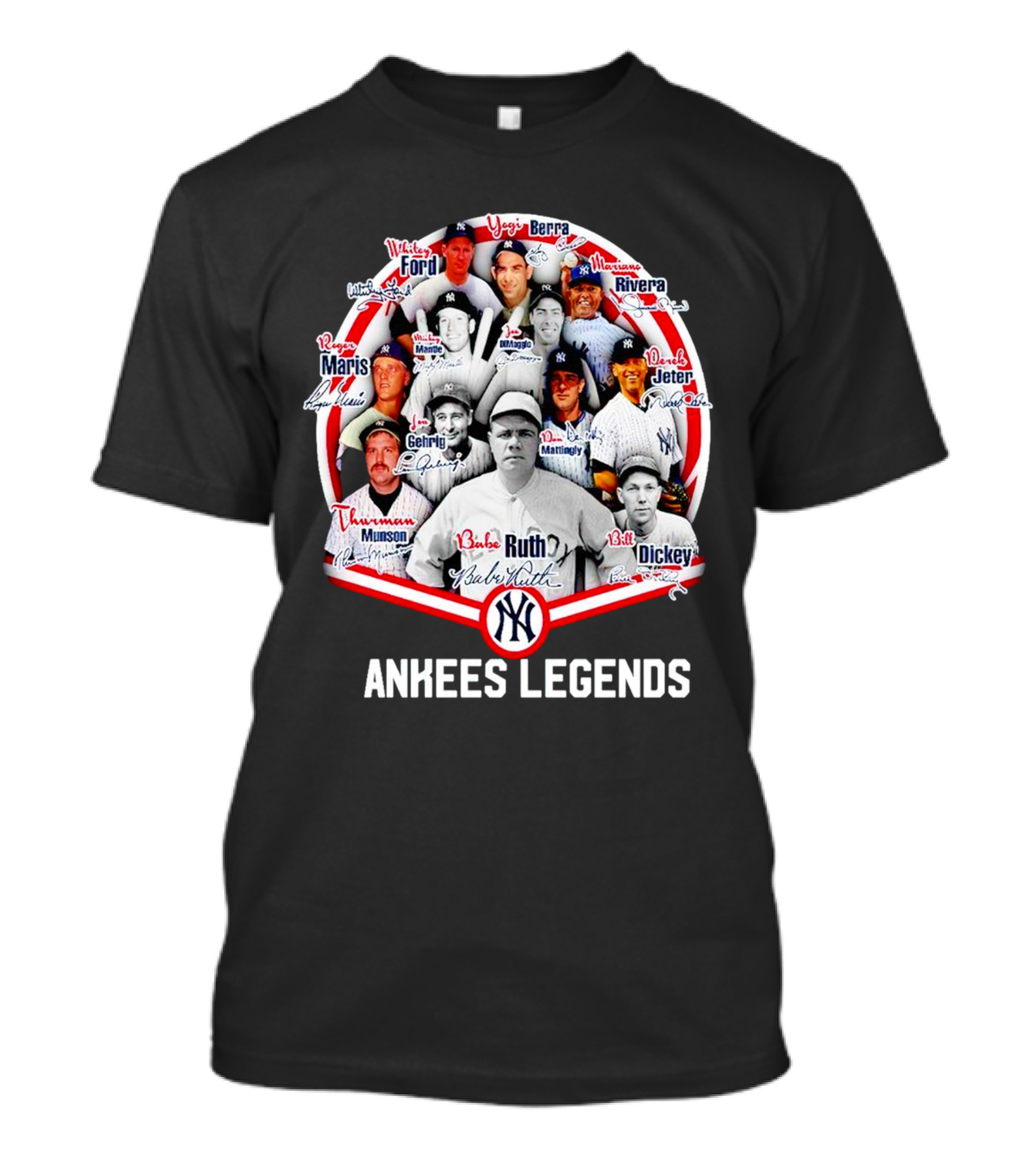 NEW Yankees Legends Babe Ruth Mickey Mantle Derek Jeter Rivera Berra Gehrig Signature T-Shirt