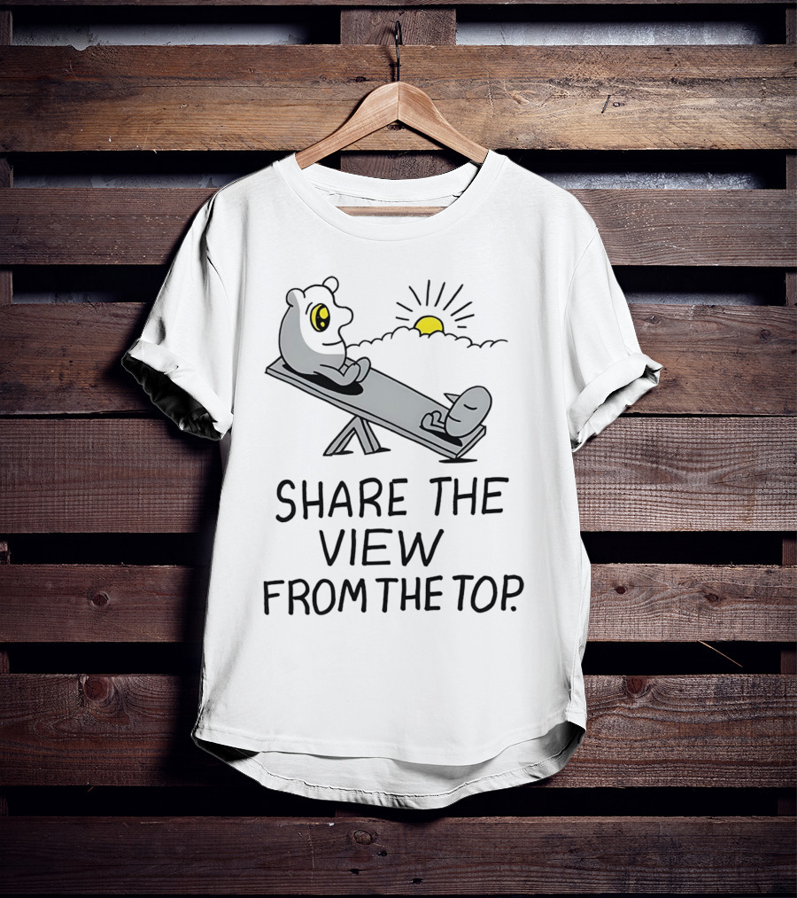 Share The View From The Top - Cartoon Figures On Teeter-Totter With Sunset T-Shirt