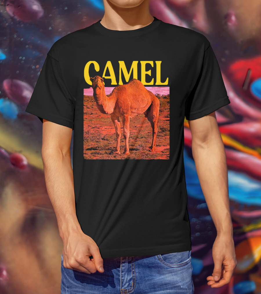 Camel In Vibrant Orange Desert Landscape T-Shirt