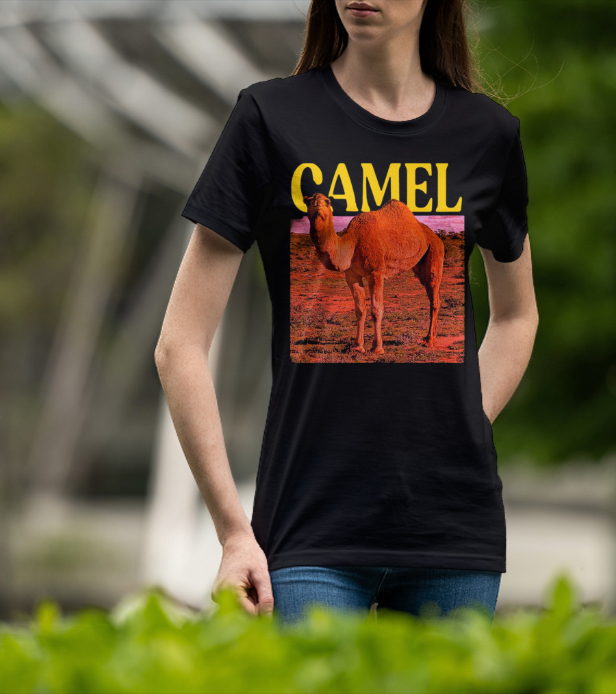 Camel In Vibrant Orange Desert Landscape T-Shirt
