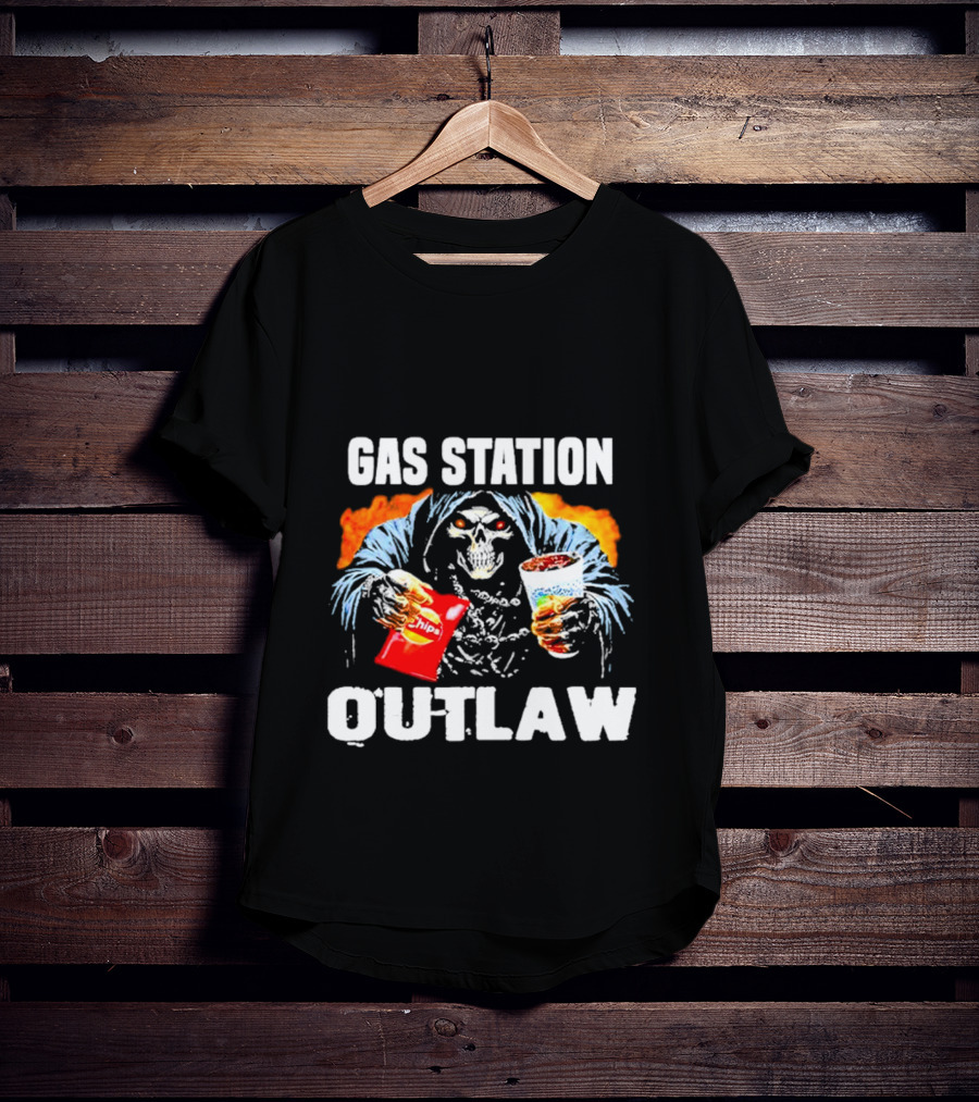 Gas Station Outlaw Chips Fiery Skull T-Shirt