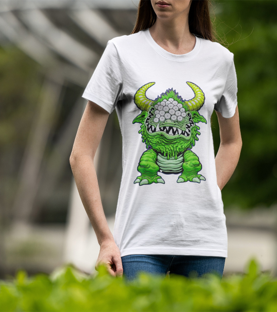 Black Beast Of Aaaarrgghh Multi-Eyed Green Monster With Horns T-Shirt