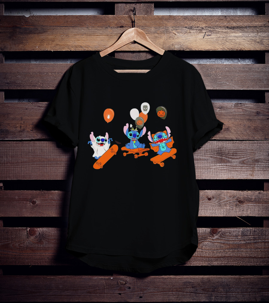 Stitch Skateboarding Halloween Balloons Cute Ghost Pumpkin T-Shirt