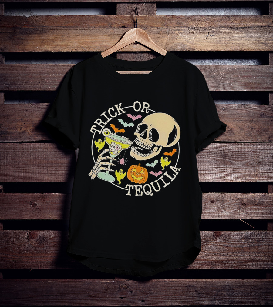 Trick Or Tequila Halloween Skeleton With Margarita, Bats, Ghosts, And Pumpkin T-Shirt