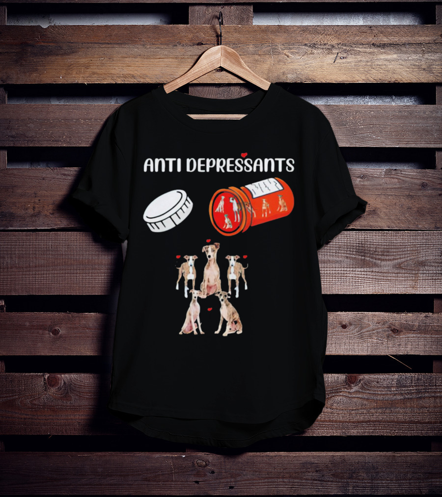 Anti Depressants Dogs Medicine Bottle With Greyhound Puppies T-Shirt