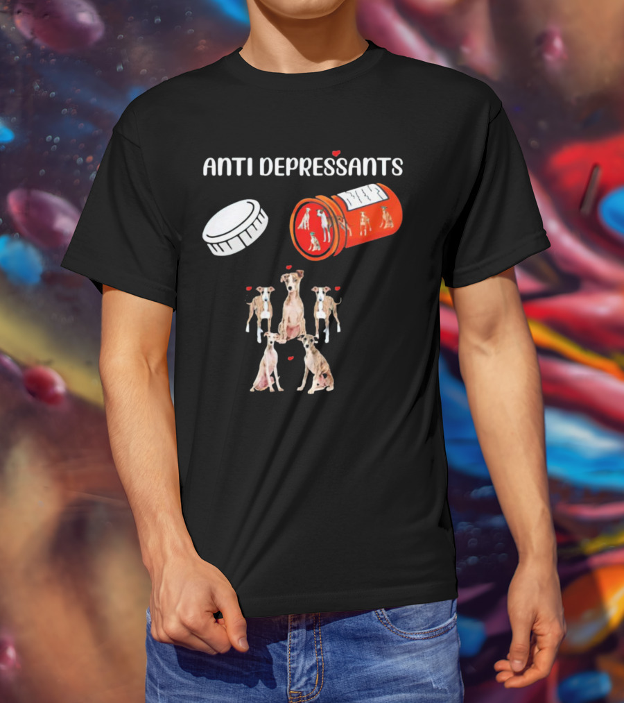 Anti Depressants Dogs Medicine Bottle With Greyhound Puppies T-Shirt