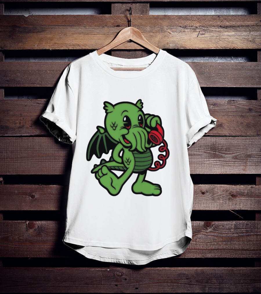 Chubby Cthulhu Phone Call Cartoon With Red Retro Telephone T-Shirt