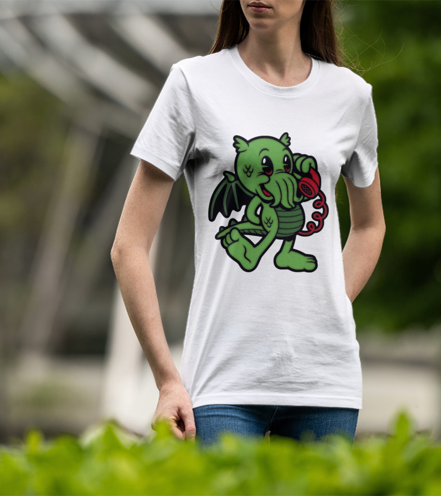Chubby Cthulhu Phone Call Cartoon With Red Retro Telephone T-Shirt