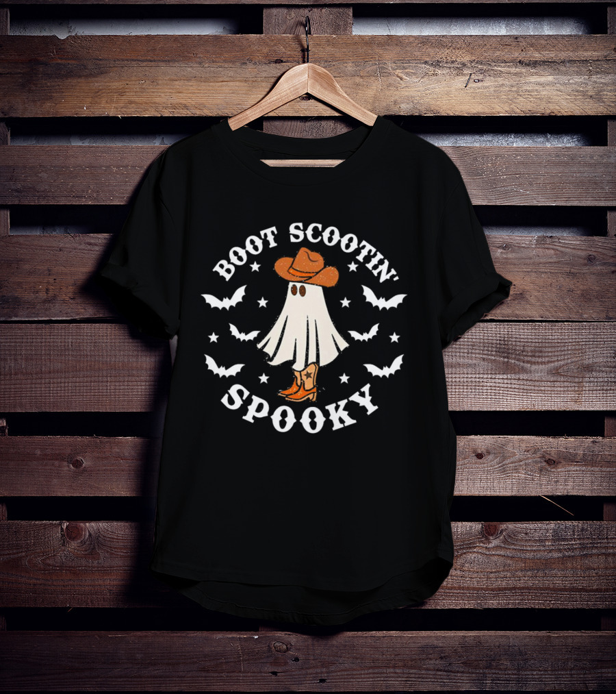 Boot Scootin Ghost With Cowboy Hat Spooky Halloween T-Shirt
