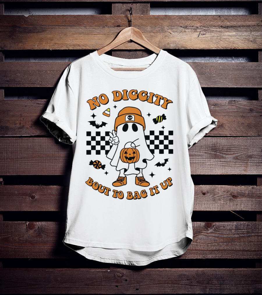 No Diggity Halloween Ghost Bout To Bag It Up With Candy And Pumpkins T-Shirt