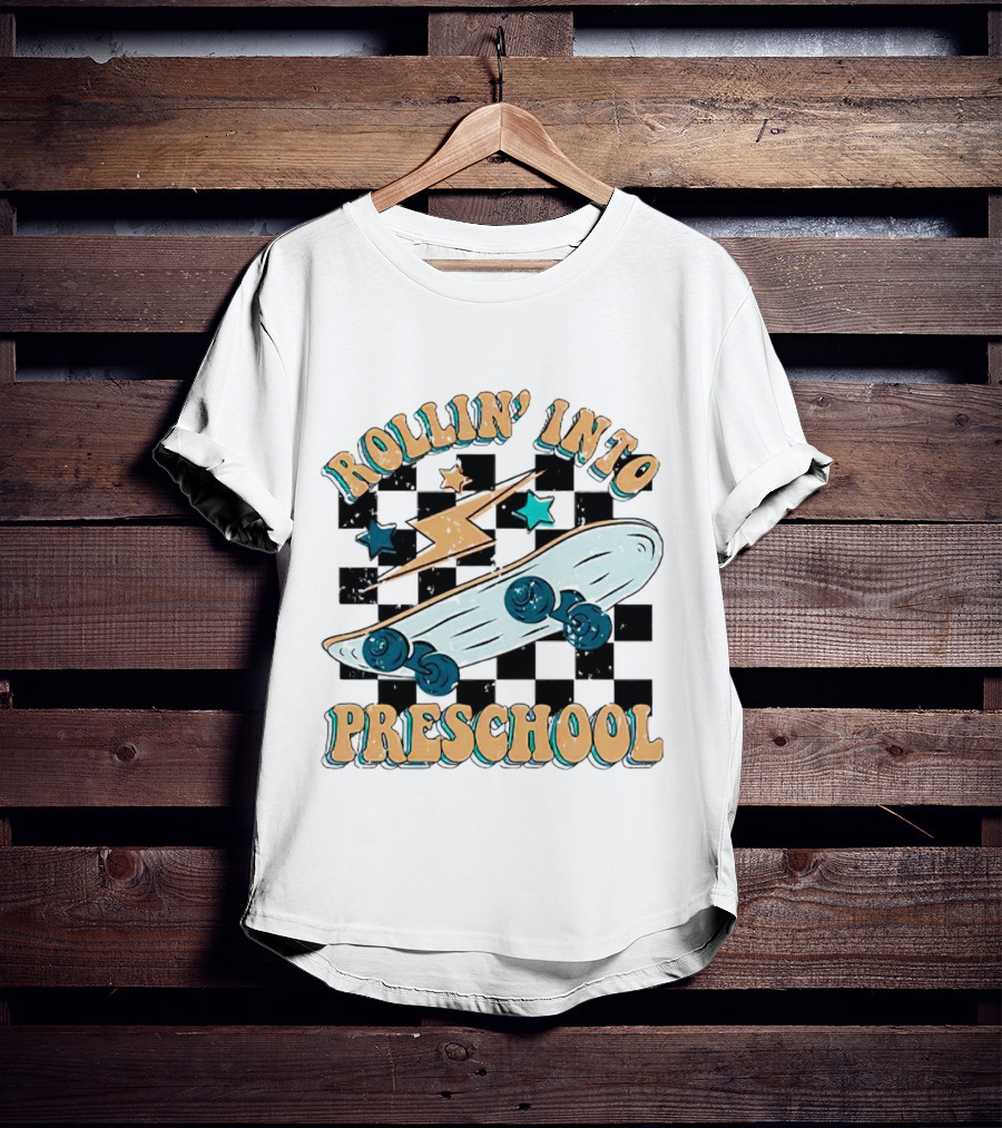 Rollin Into Preschool Skateboard Lightning Stars Checkered Background T-Shirt