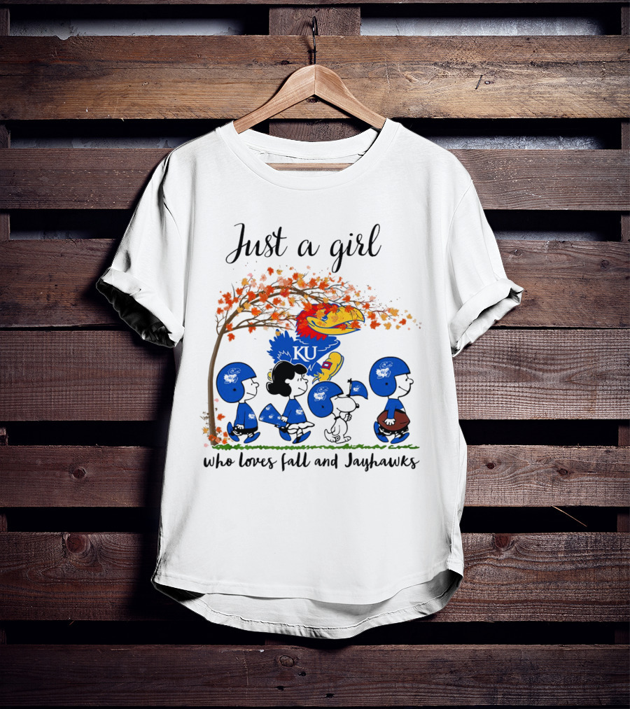 Just A Girl Who Loves Fall And Jayhawks Peanuts Cartoon Halloween KU T-Shirt