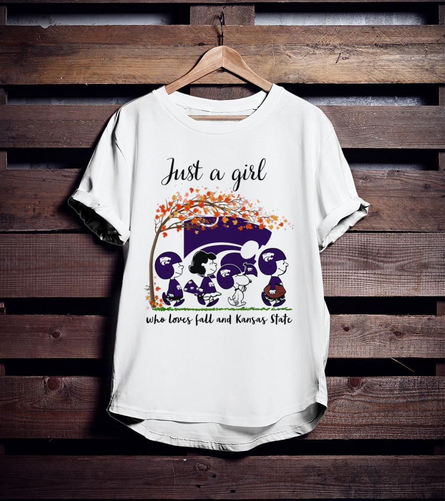 Just A Girl Who Loves Fall And Kansas State Peanuts Cartoon Halloween Football Players T-Shirt