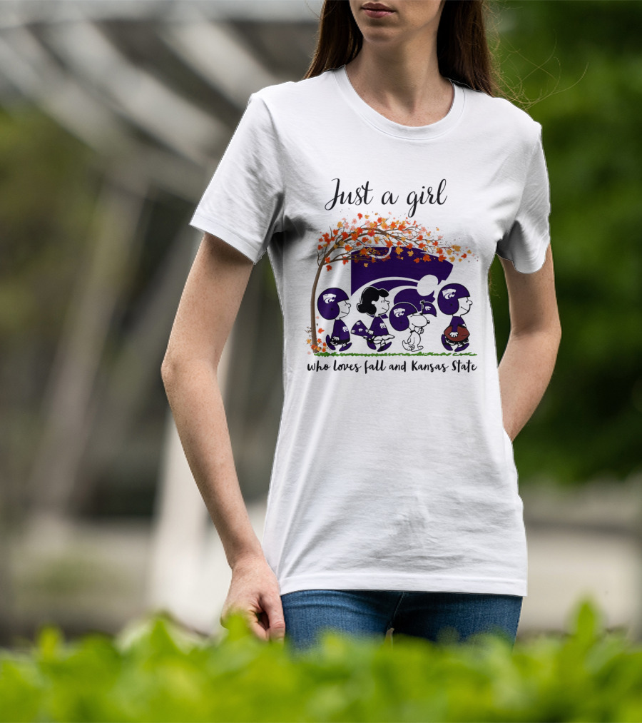 Just A Girl Who Loves Fall And Kansas State Peanuts Cartoon Halloween Football Players T-Shirt