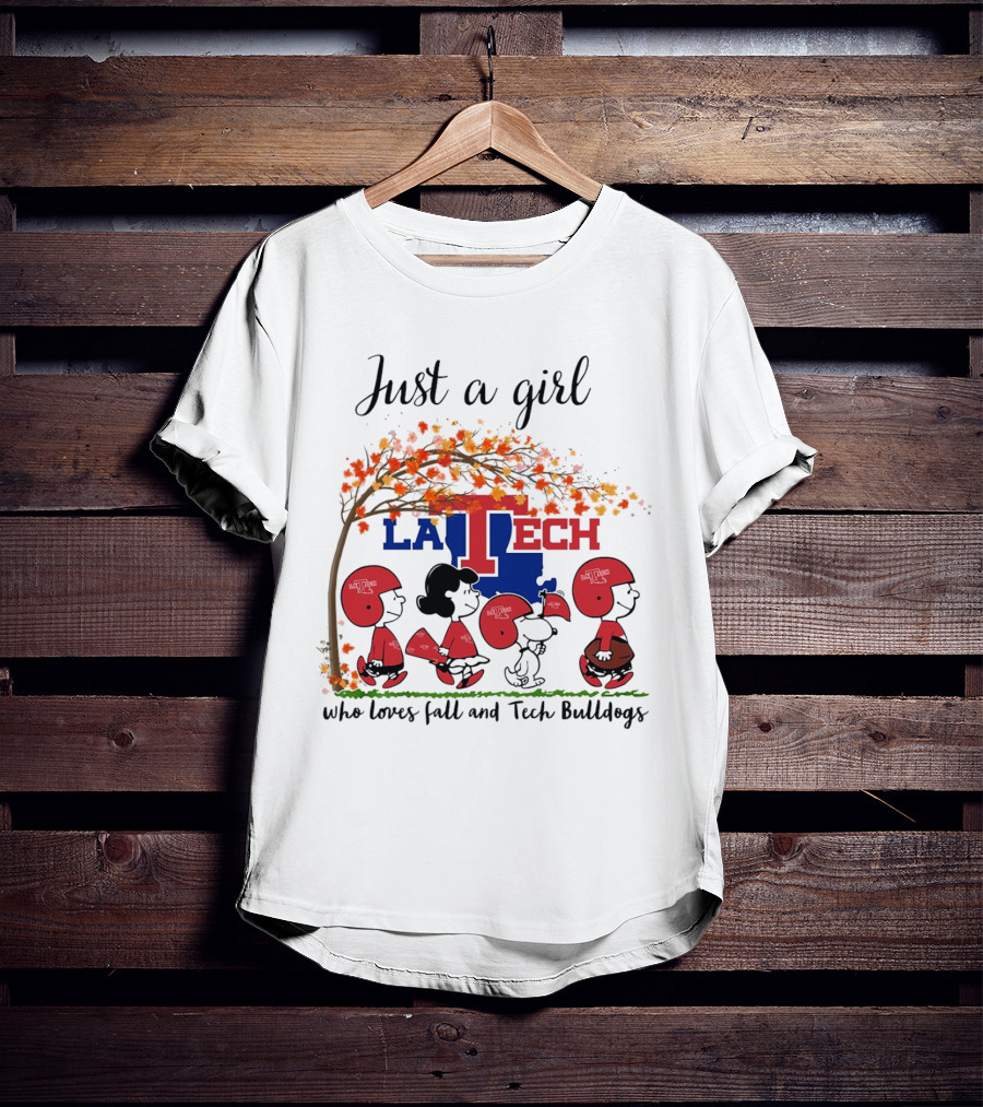 Just A Girl Who Loves Fall And LA Tech Bulldogs Peanuts Cartoon T-Shirt