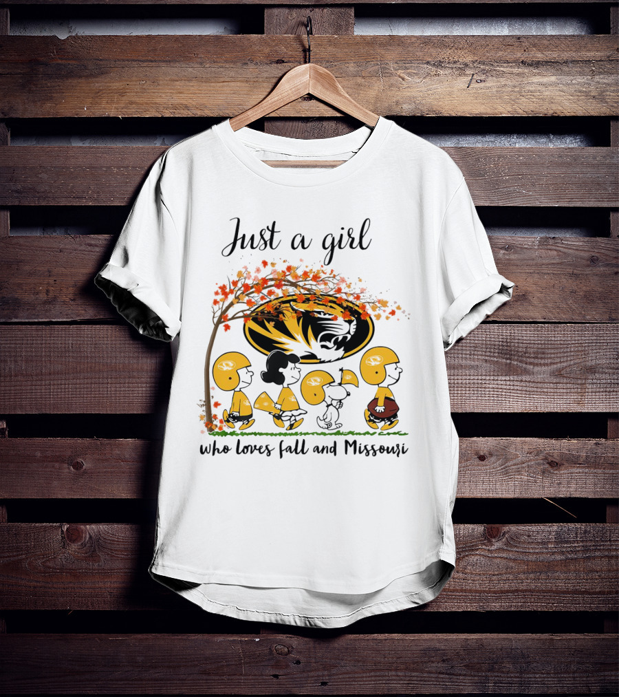 Just A Girl Who Loves Fall And Missouri Peanuts Cartoon Halloween Football Tiger Leaves T-Shirt