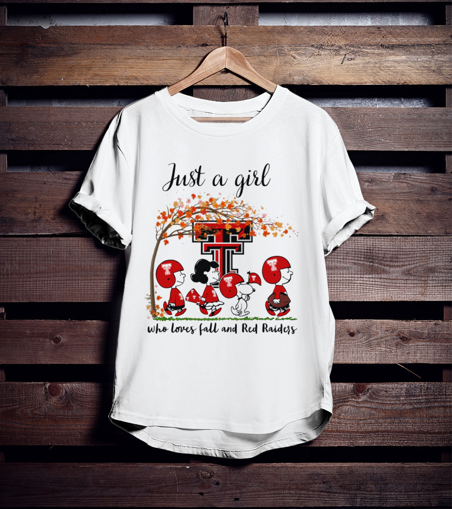 Just A Girl Who Loves Fall And Red Raiders Peanuts Cartoon Football Fans T-Shirt