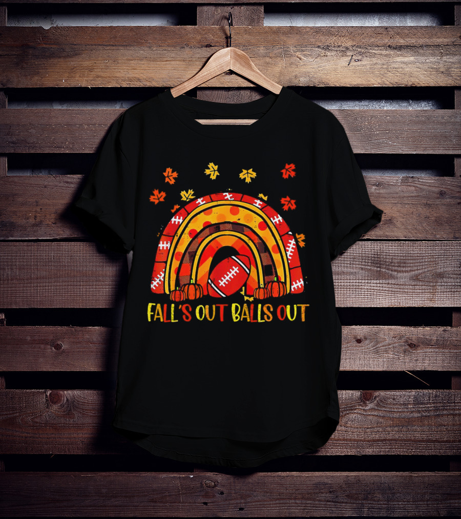 Fall's Out Balls Out Rainbow American Football Autumn Leaves T-Shirt