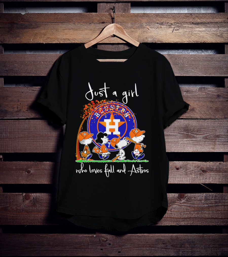 Just A Girl Who Loves Fall And Houston Astros Snoopy Peanuts Baseball Scene T-Shirt