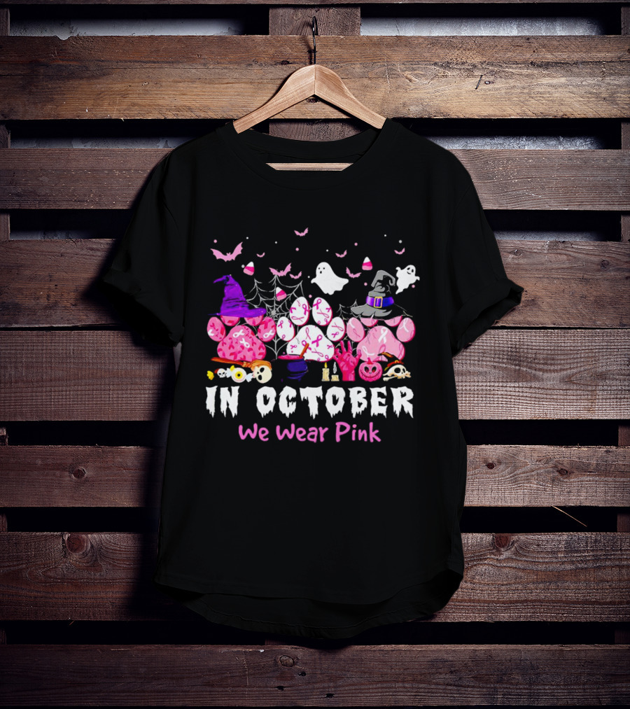 In October We Wear Pink Halloween Dog Paws Ghost Witch Hat T-Shirt