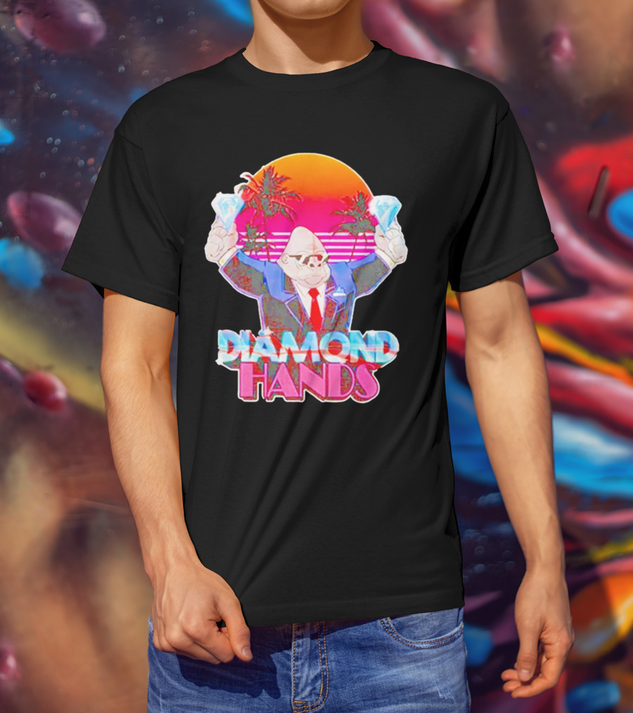 Diamond Hands Gorilla In Suit With Dollars And Vintage Sunset Background T-Shirt