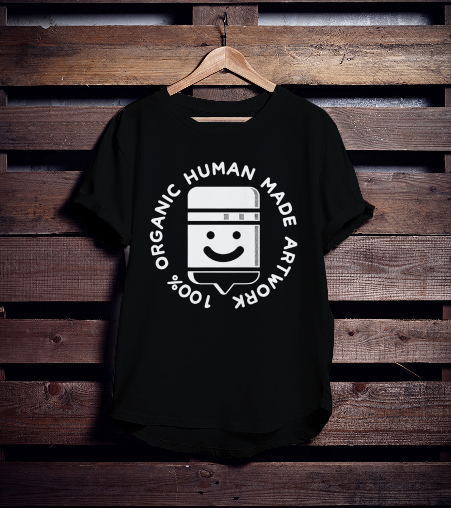100% Organic Human Made Artwork Smiley Face Badge T-Shirt