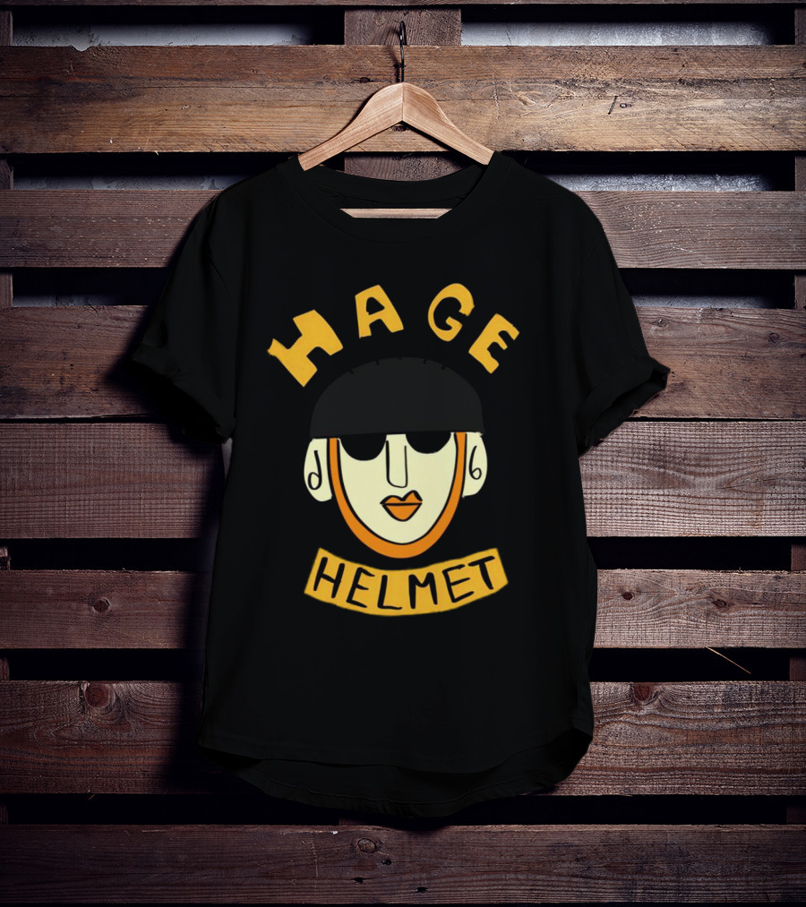 HAGE Helmet Face Black Cap Bold Lettering T-Shirt
