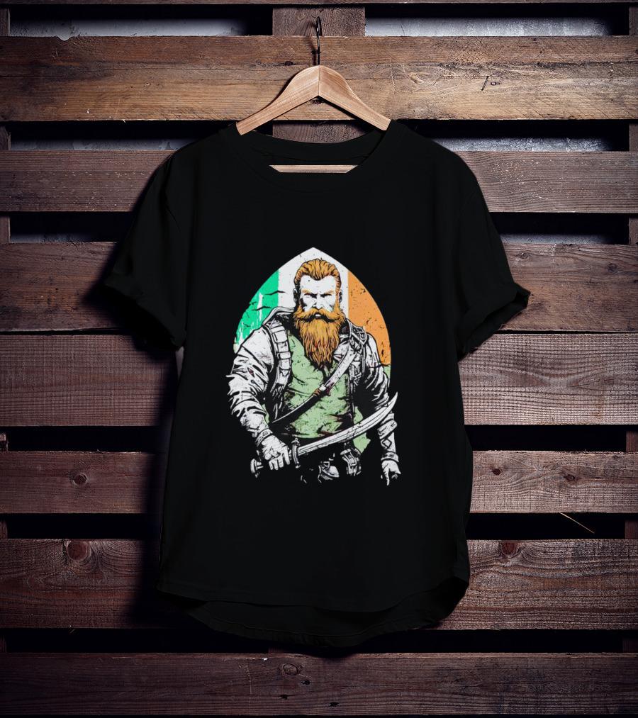 Irish American Pride Warrior With Sword And Flag Background T-Shirt
