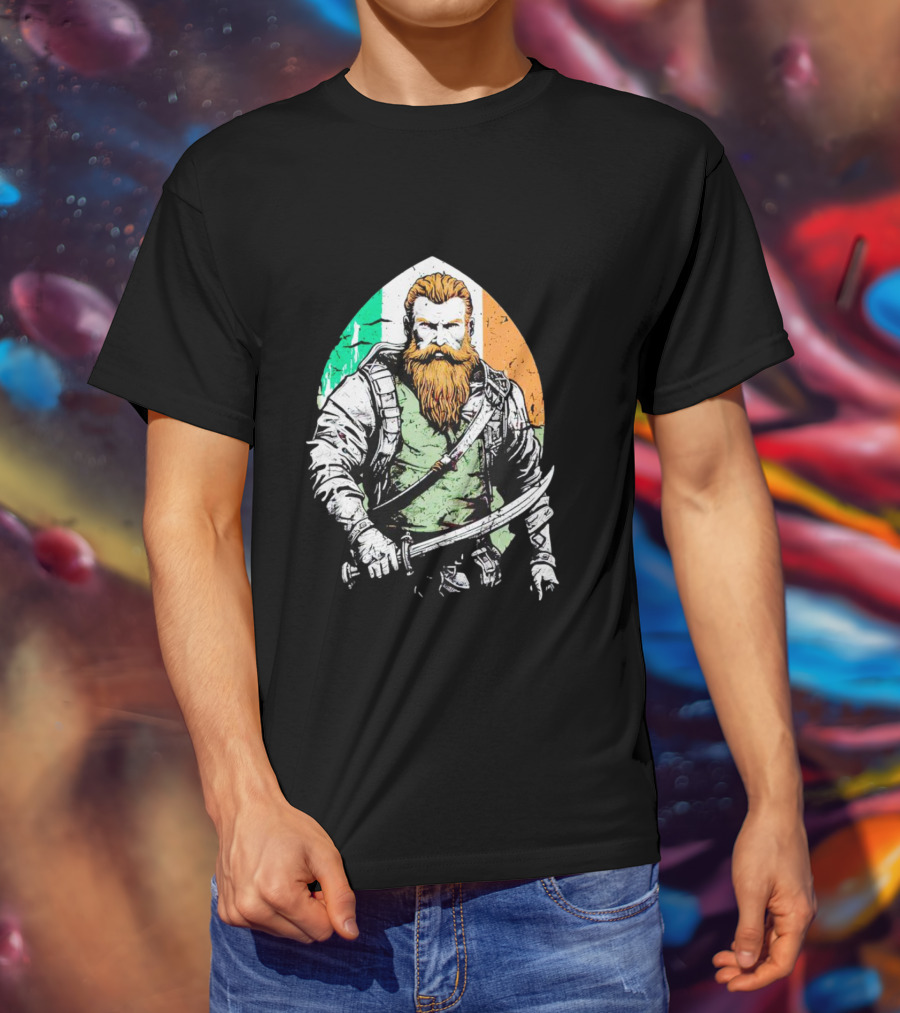 Irish American Pride Warrior With Sword And Flag Background T-Shirt