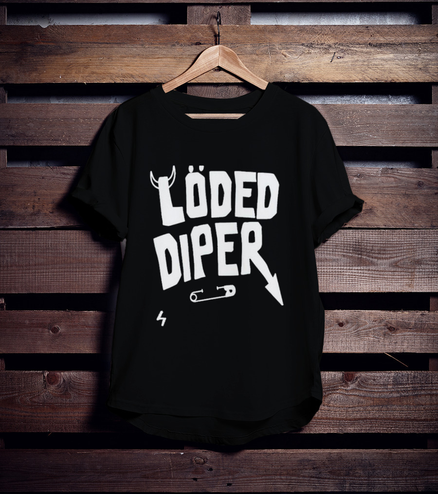 Löded Diper Band Logo With Horns, Arrow, Safety Pin, And Lightning Bolt T-Shirt