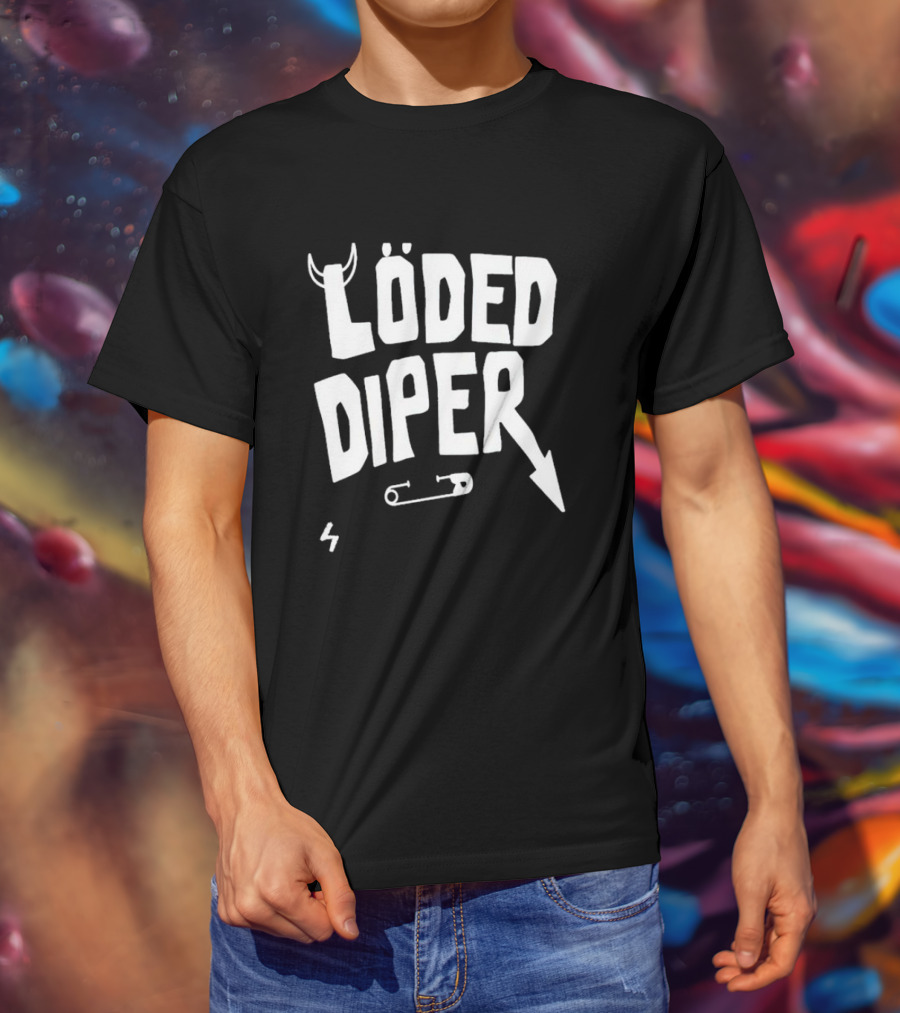 Löded Diper Band Logo With Horns, Arrow, Safety Pin, And Lightning Bolt T-Shirt