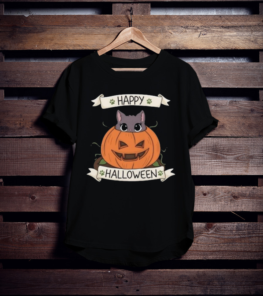 Happy Halloween Cute Cat In Pumpkin T-Shirt