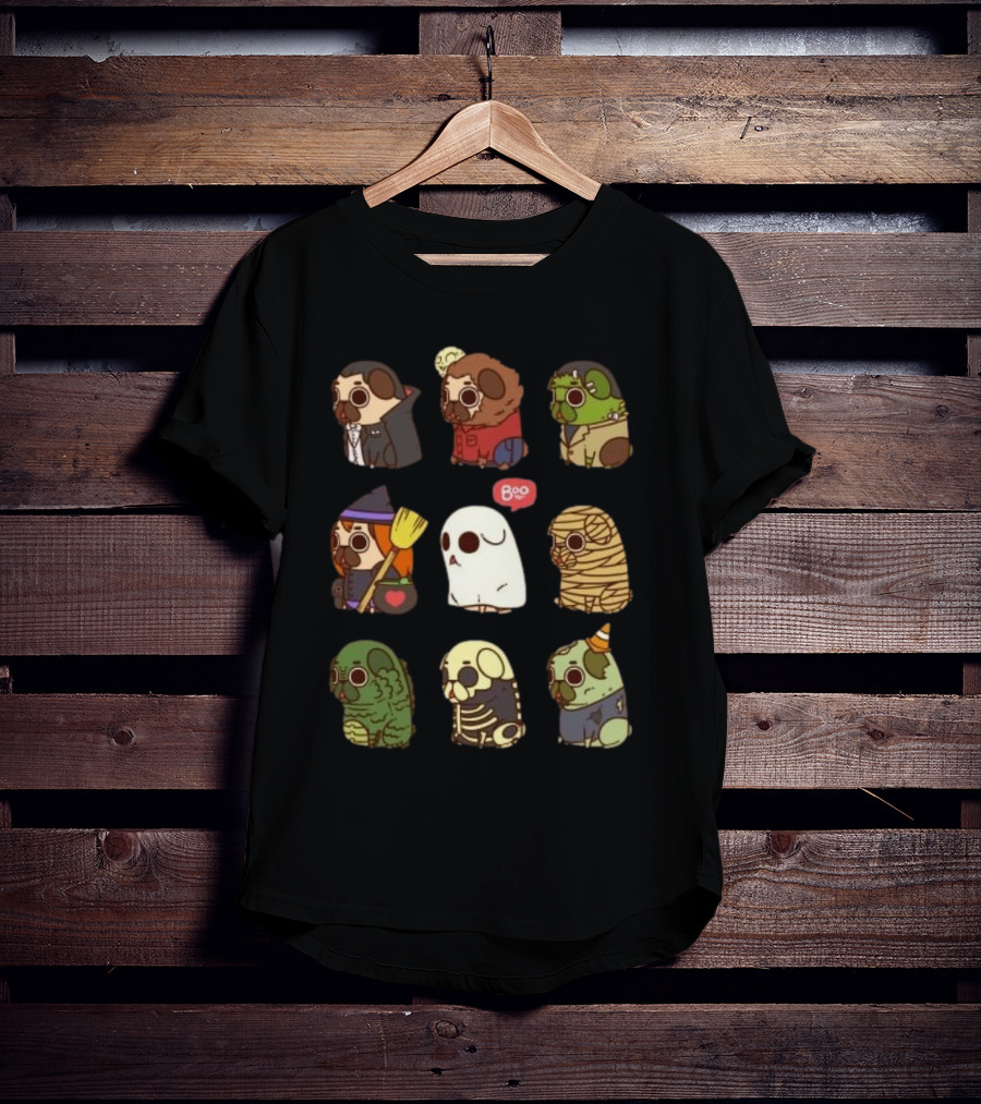 Halloween Puglie Vampire Werewolf Zombie Witch Ghost Mummy Creature Skeleton Clown T-Shirt