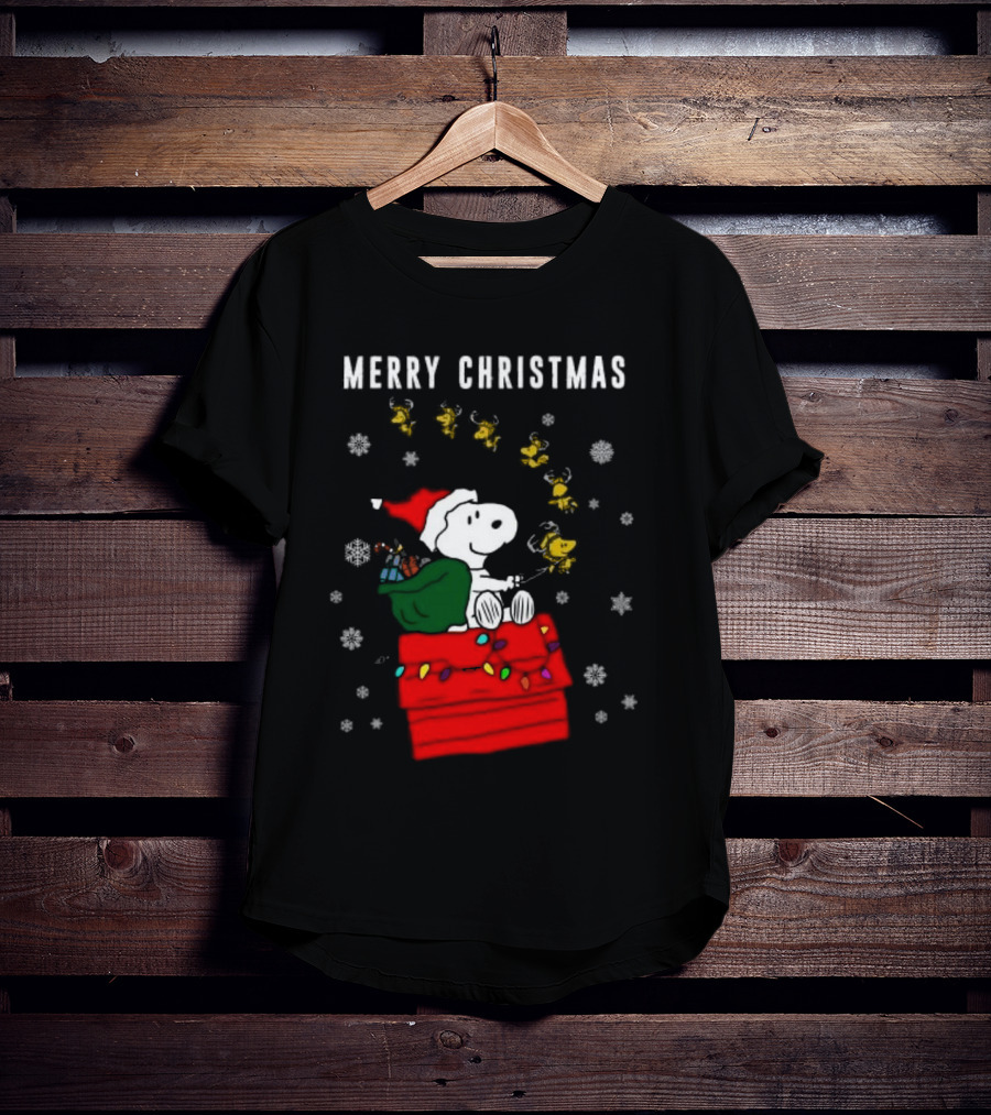 Merry Christmas Snoopy Santa On Doghouse With Reindeer And Snowflakes T-Shirt