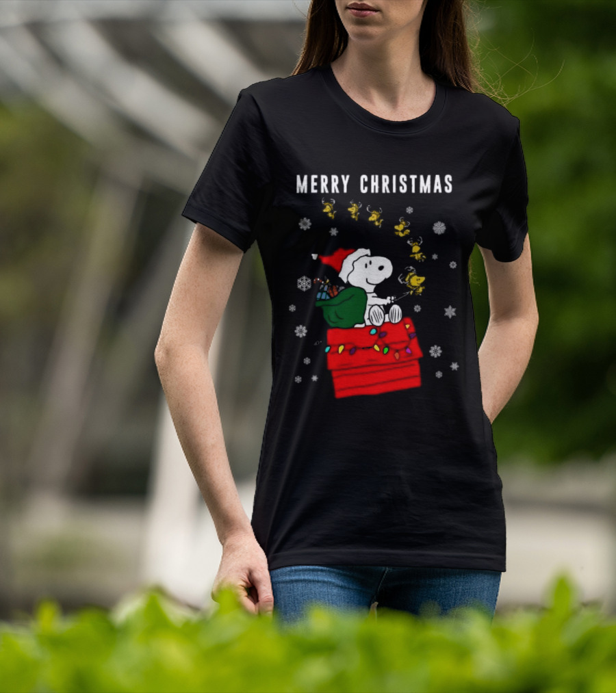 Merry Christmas Snoopy Santa On Doghouse With Reindeer And Snowflakes T-Shirt