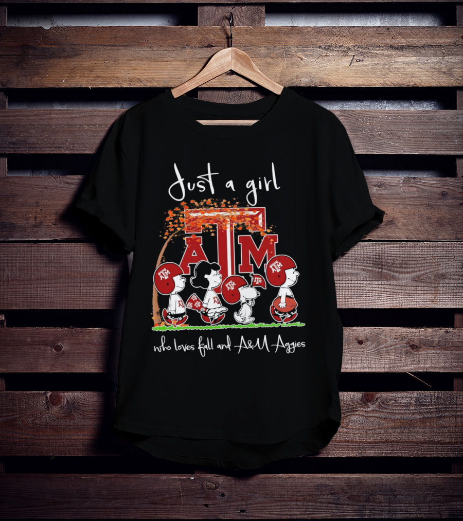 Just A Girl Who Loves Fall And Texas A&M Aggies With Peanuts Characters T-Shirt
