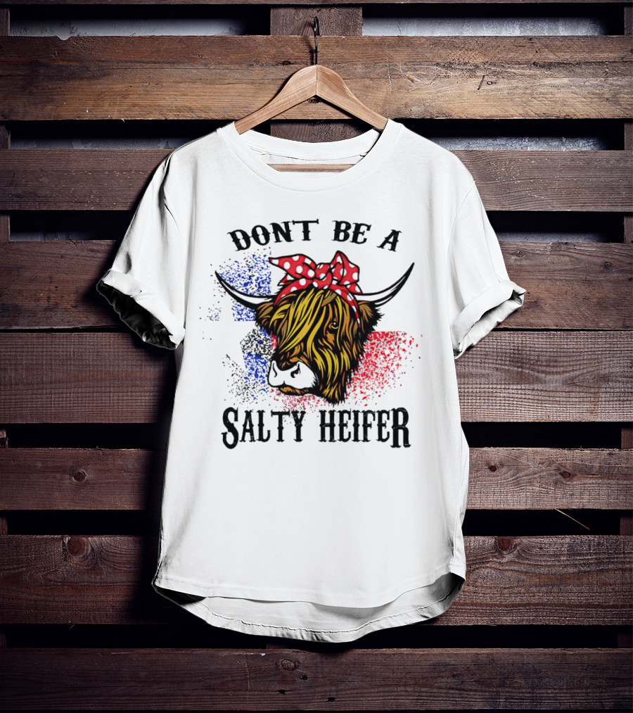 Don't Be A Salty Heifer Highland Cow With American Flag Colors T-Shirt