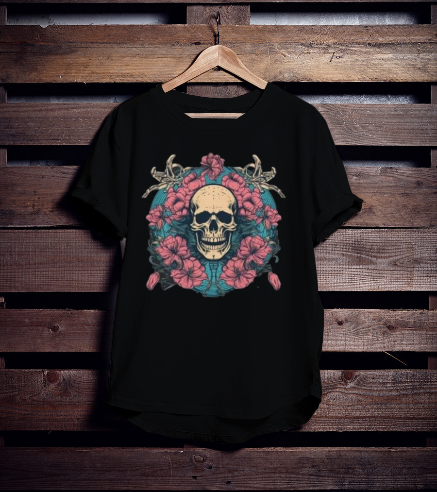 Tropical Skull Surrounded By Flowers Halloween T-Shirt
