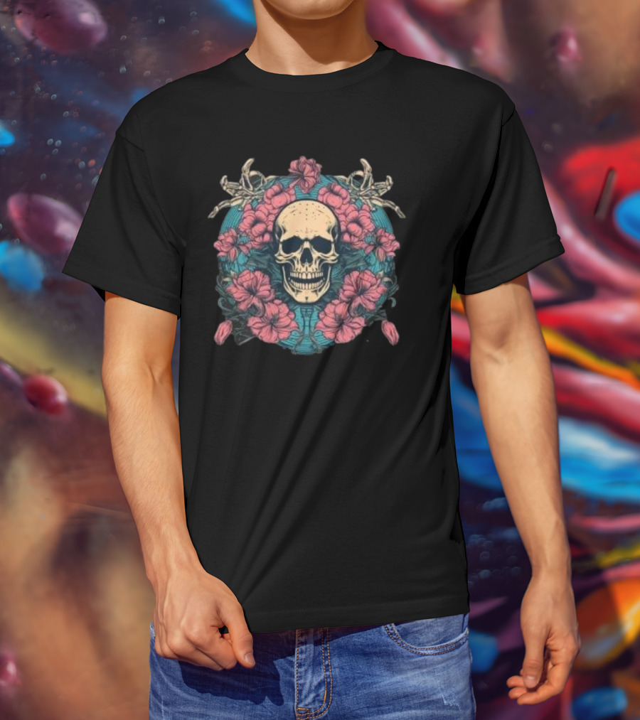 Tropical Skull Surrounded By Flowers Halloween T-Shirt