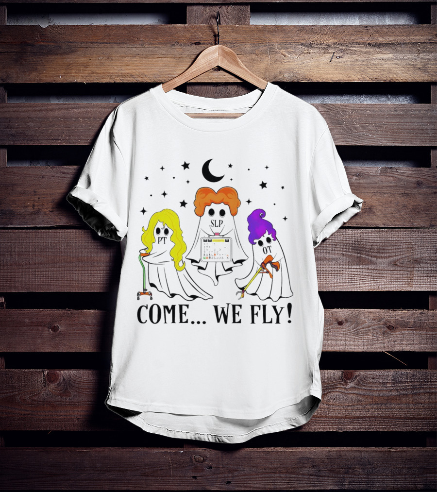 Hocus Pocus Come We Fly PT SLP OT Halloween Ghosts Black Cloaks Moon Stars T-Shirt