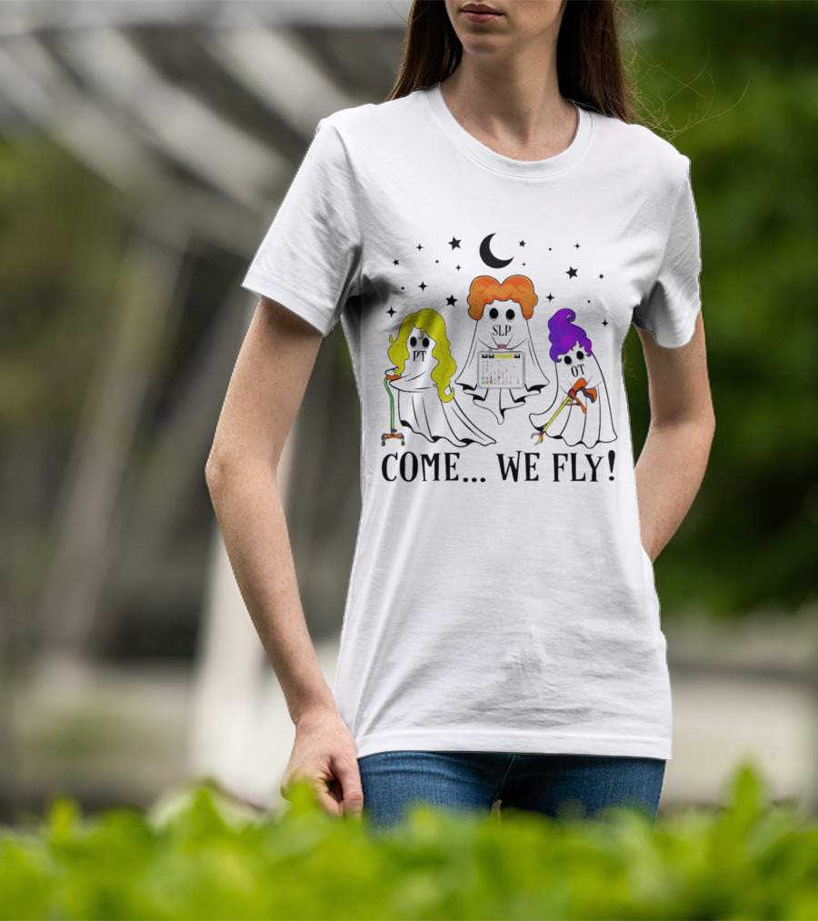 Hocus Pocus Come We Fly PT SLP OT Halloween Ghosts Black Cloaks Moon Stars T-Shirt