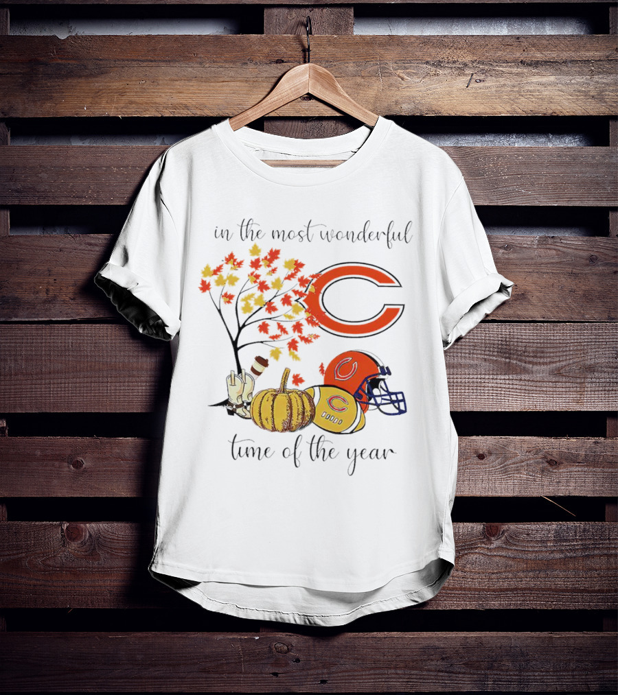 In The Most Wonderful Time Of The Year Chicago Bears Thanksgiving Helmets And Autumn Leaves T-Shirt