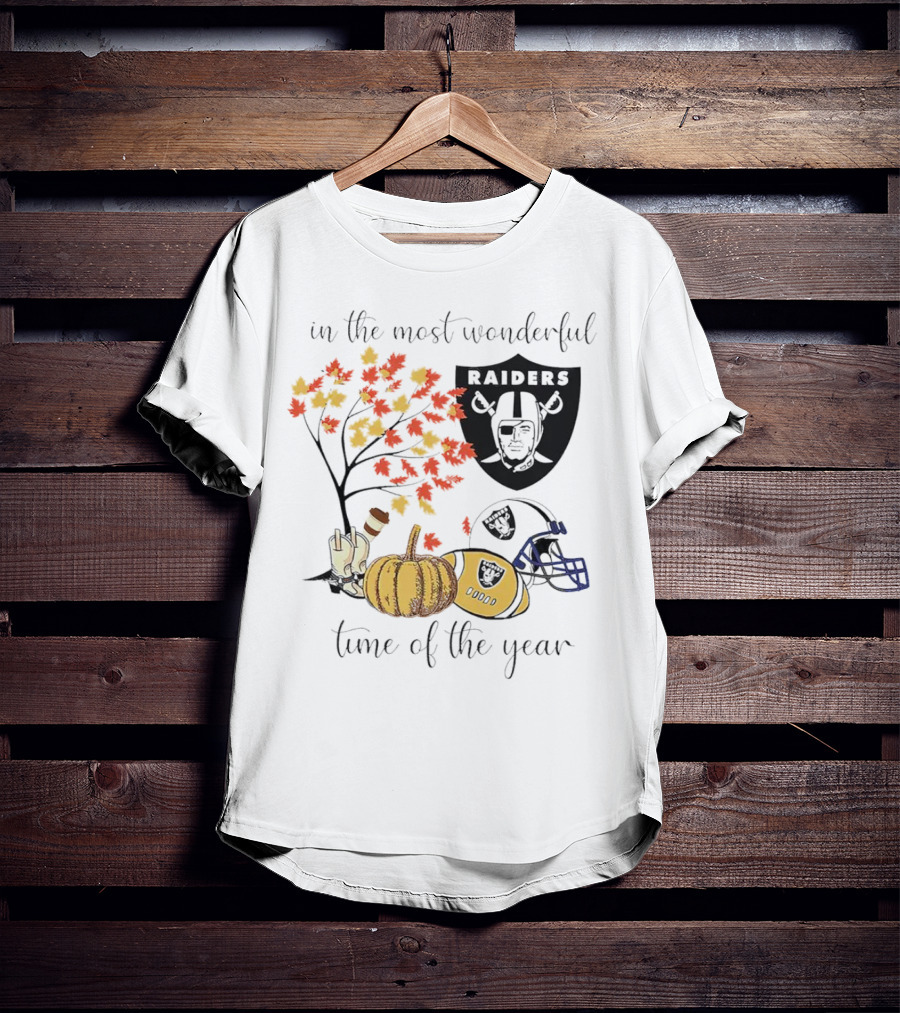 In The Most Wonderful Time Of The Year Raiders Football Thanksgiving Celebration With Autumn Leaves And Pumpkin T-Shirt