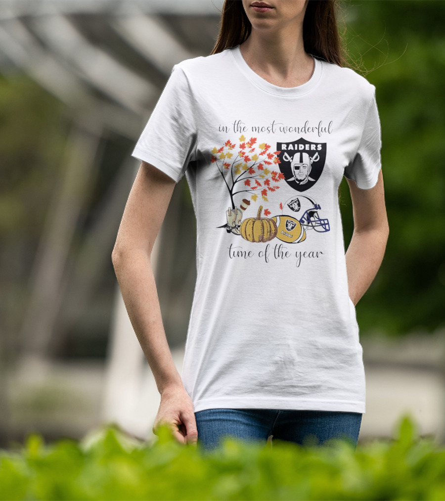 In The Most Wonderful Time Of The Year Raiders Football Thanksgiving Celebration With Autumn Leaves And Pumpkin T-Shirt