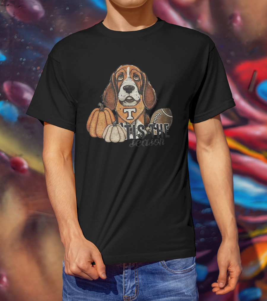 Tennessee Volunteers Football Dog With Pumpkins ’Tis The Season T-Shirt