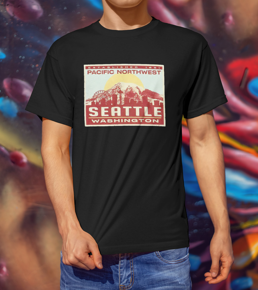 Seattle Pacific Northwest Established 1851 Washington Skyline Ferris Wheel Sun Mountain T-Shirt