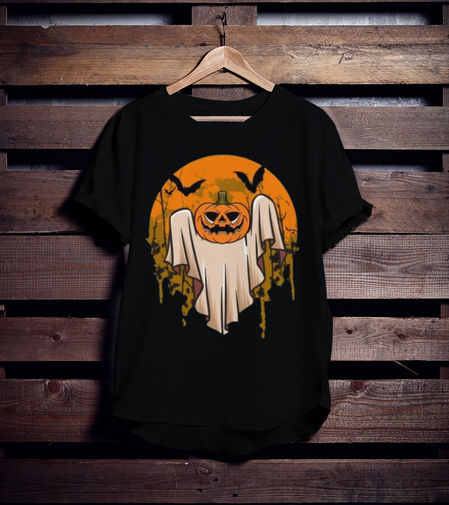 Ghostly Pumpkin Head With Bats And Full Moon T-Shirt