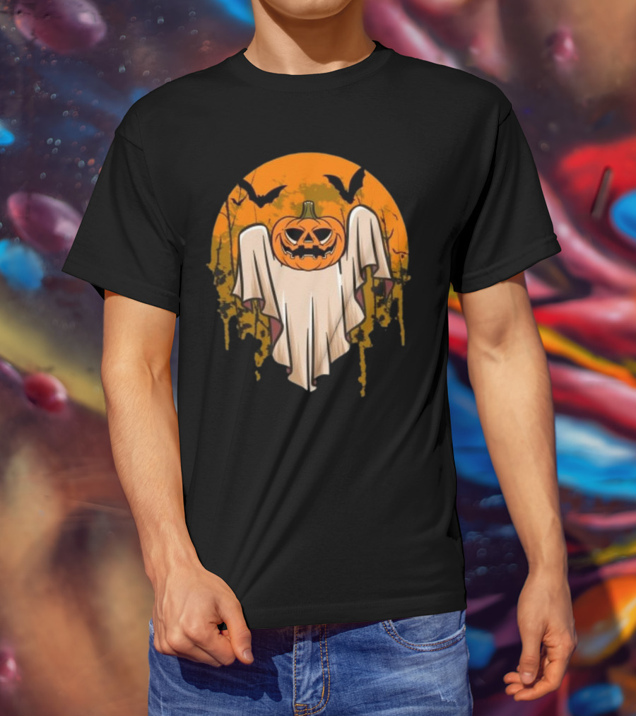 Ghostly Pumpkin Head With Bats And Full Moon T-Shirt